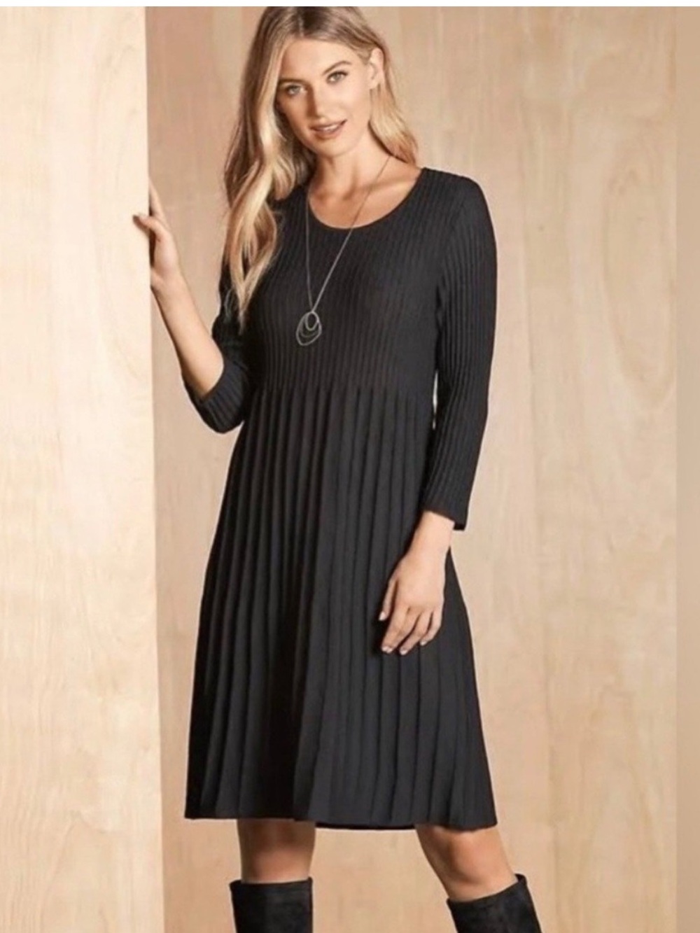 Eileen Fisher Black Wool Crepe Pleated Dress Medium